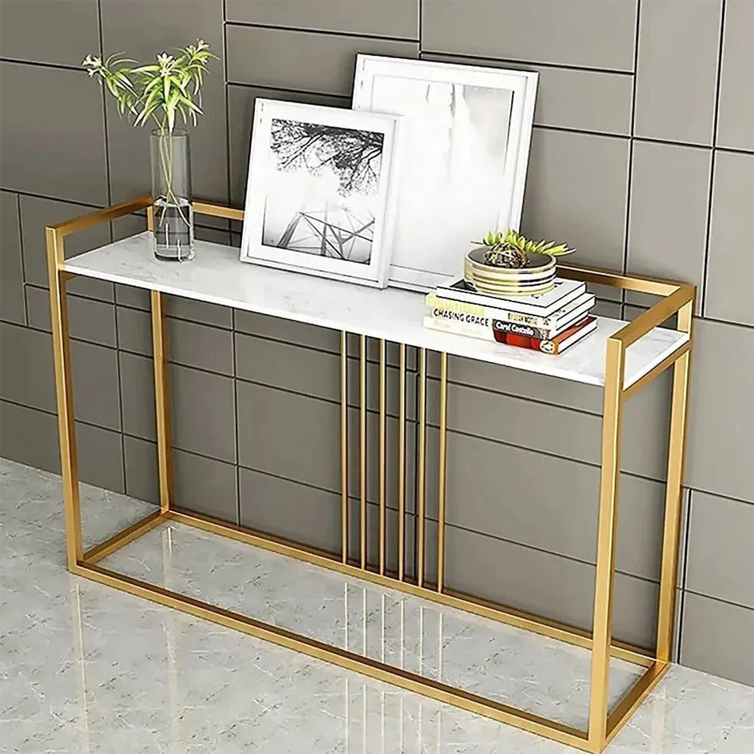 Modern Style Console Table In Sleek Golden Rods Design