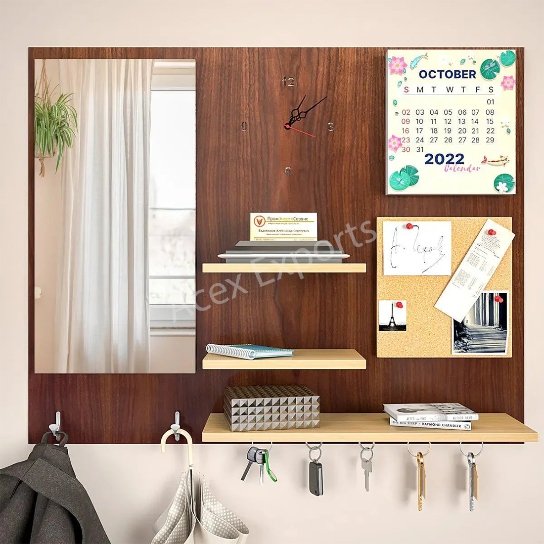 Beautiful (7 In One)' Wooden Wall Organiser With Mirror, Key hangers, Coat Hangers, Pin Board, Clock, Calendar