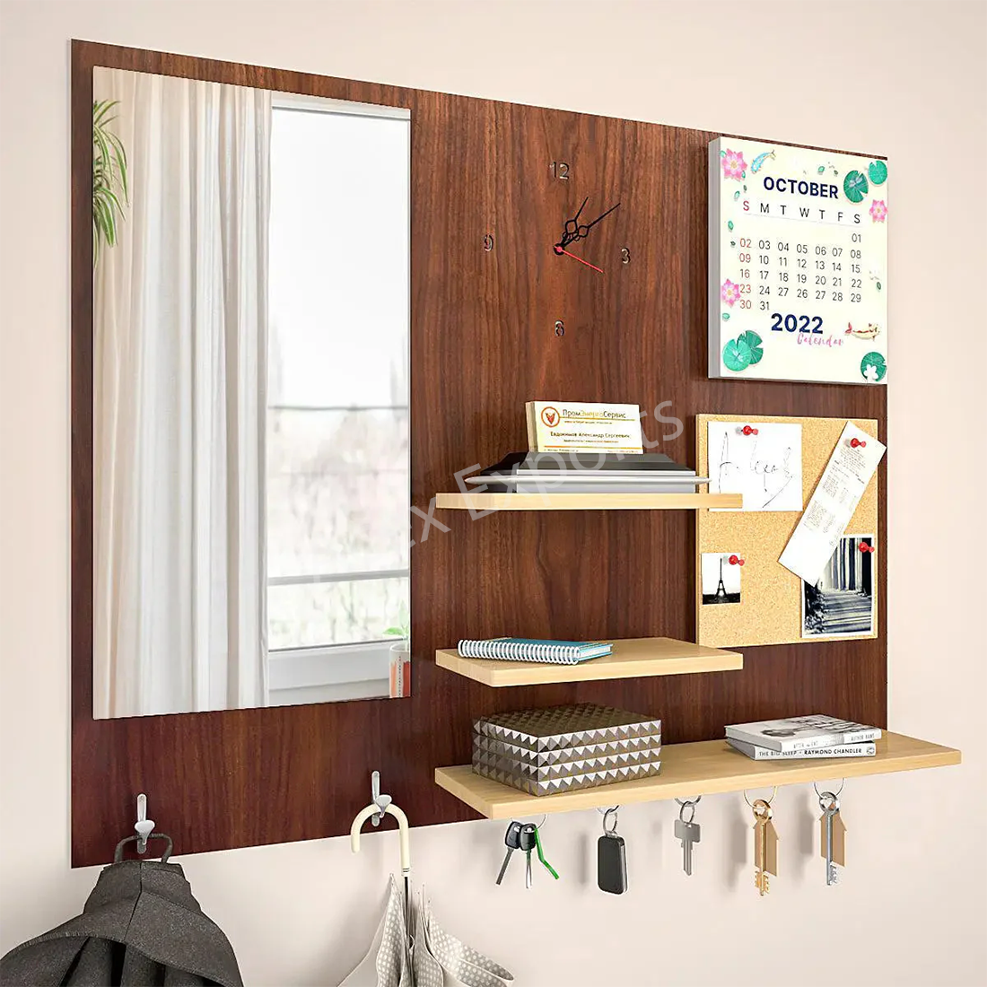 Beautiful (7 In One)' Wooden Wall Organiser With Mirror, Key hangers, Coat Hangers, Pin Board, Clock, Calendar - Image 2