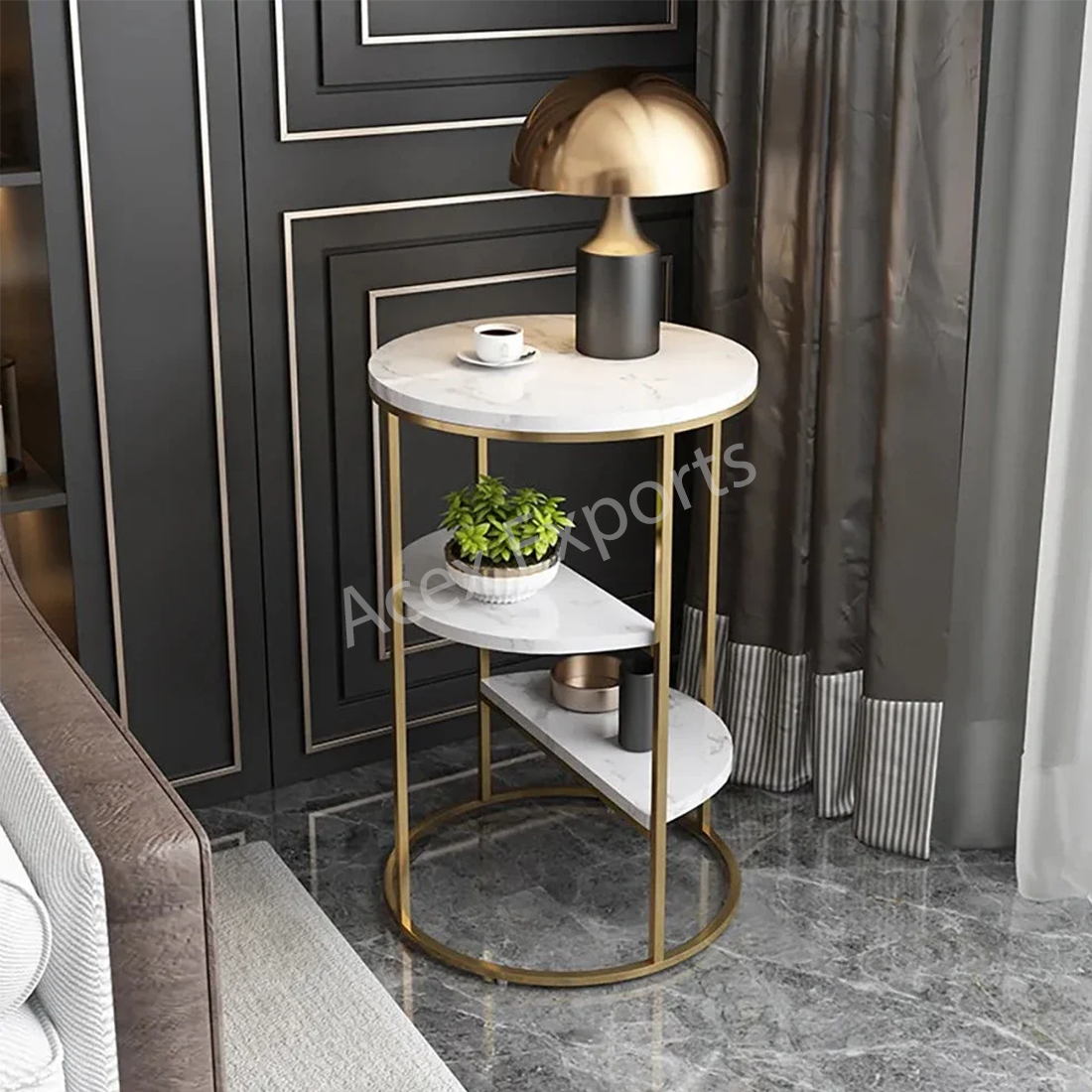 Gold End Table With 3 Tier Marble Shelf
