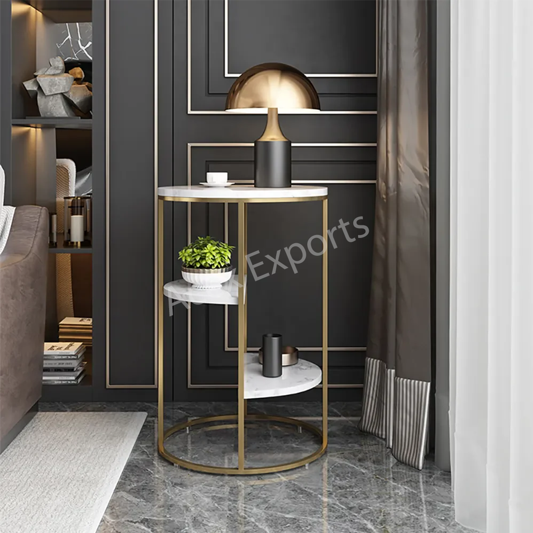 Gold End Table With 3 Tier Marble Shelf - Image 2