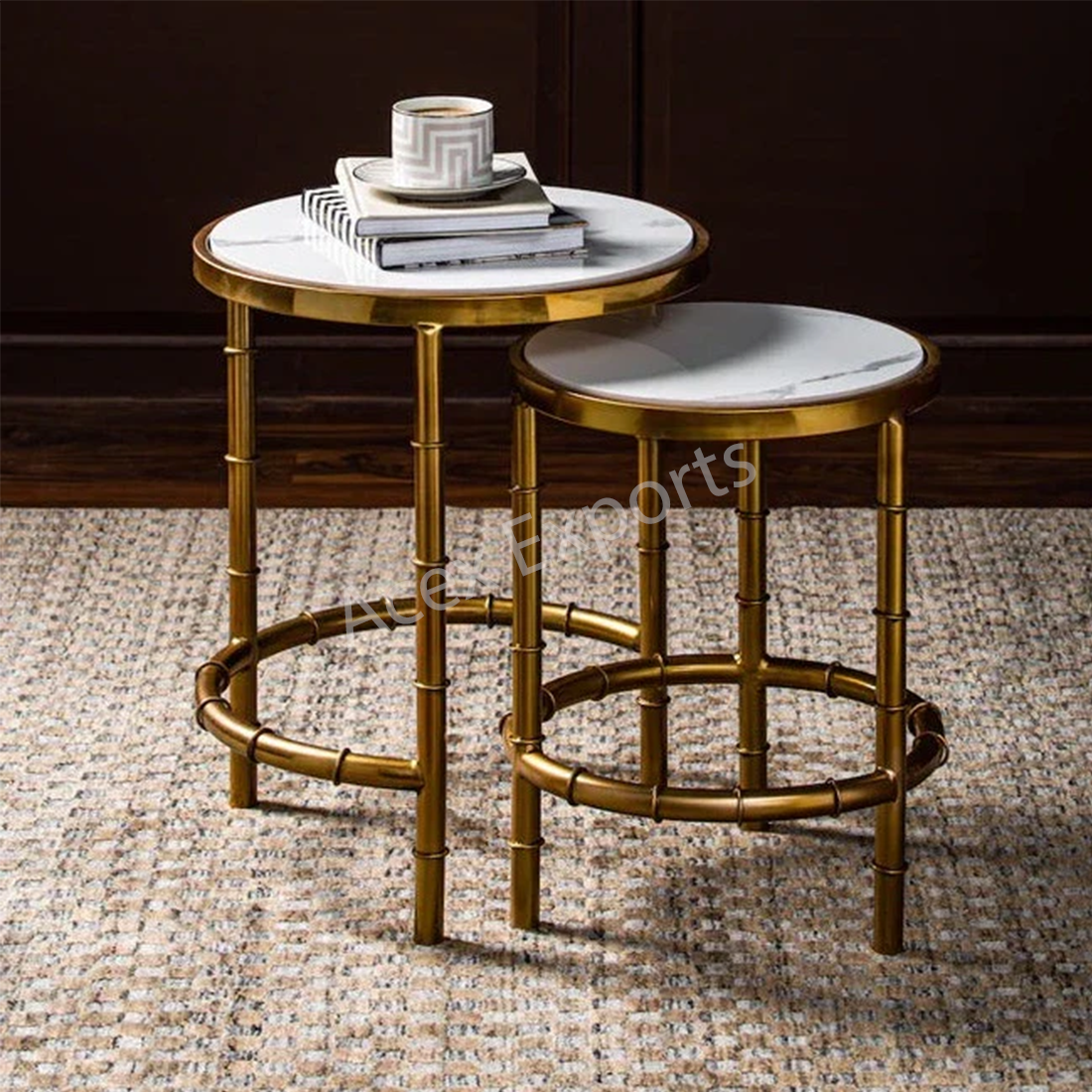 Golden Nesting Table Set of 2 with White Marble