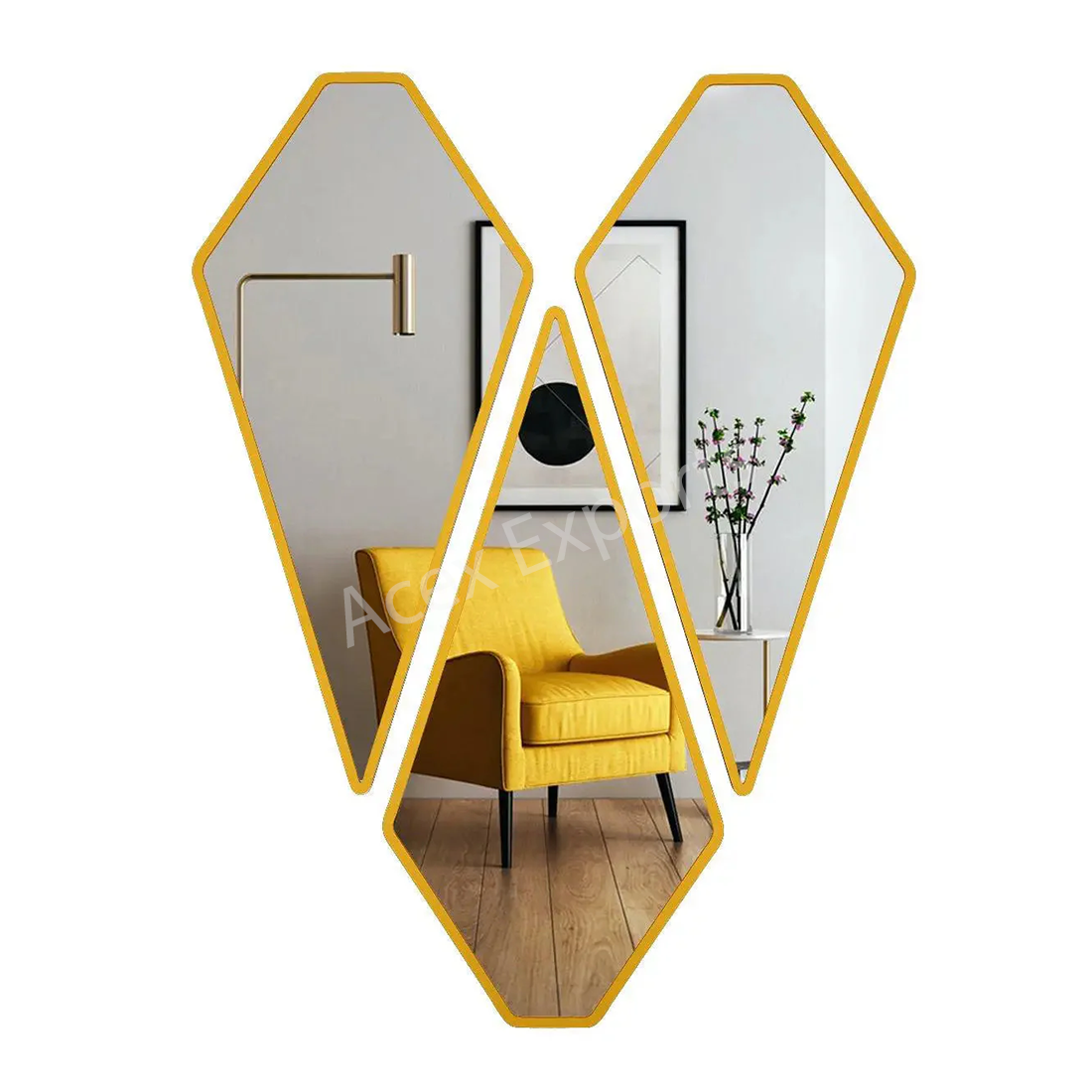 Graceful Diamond Shape Vanity Mirrors (Set of 3) in Golden Finish Frame - Image 2