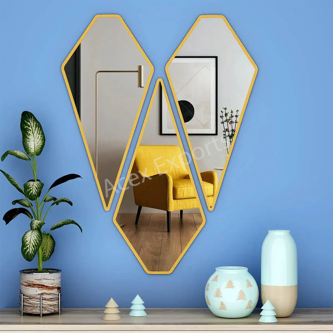 Graceful Diamond Shape Vanity Mirrors (Set of 3) in Golden Finish Frame - Image 3
