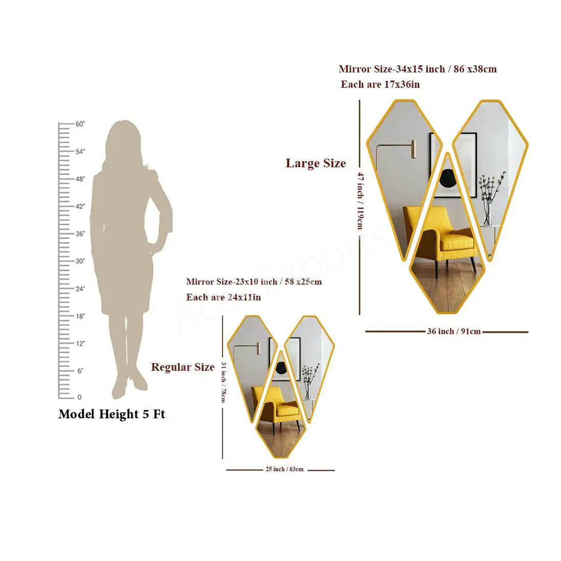 Graceful Diamond Shape Vanity Mirrors (Set of 3) in Golden Finish Frame - Image 4