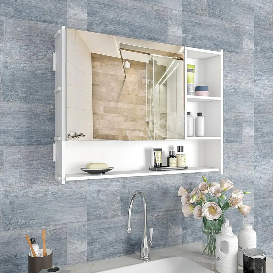 Large Bathroom Mirror Cabinet with 5 Spacious Shelves- White - Image 2