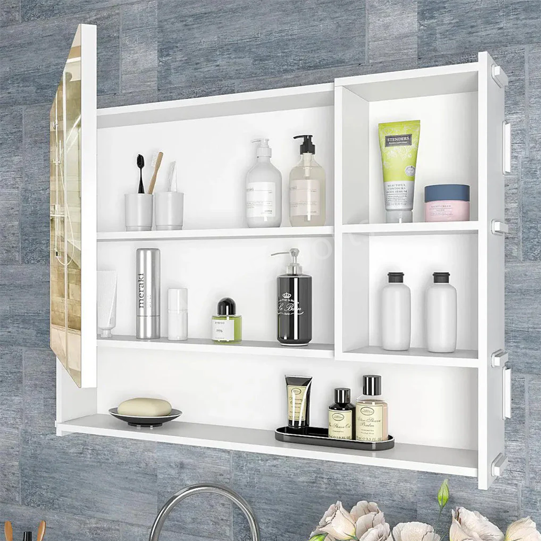 Large Bathroom Mirror Cabinet with 5 Spacious Shelves- White - Image 3