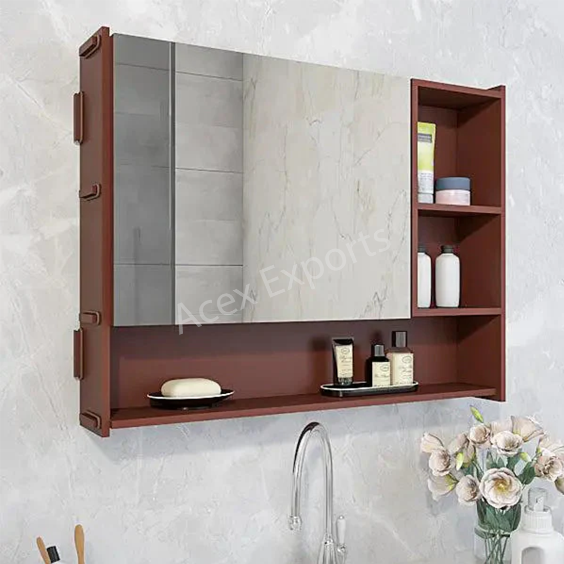 Large Bathroom Mirror Cabinet with 5 Spacious Shelves- Solid Brown - Image 2