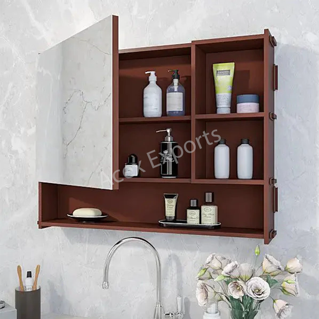 Large Bathroom Mirror Cabinet with 5 Spacious Shelves- Solid Brown - Image 3