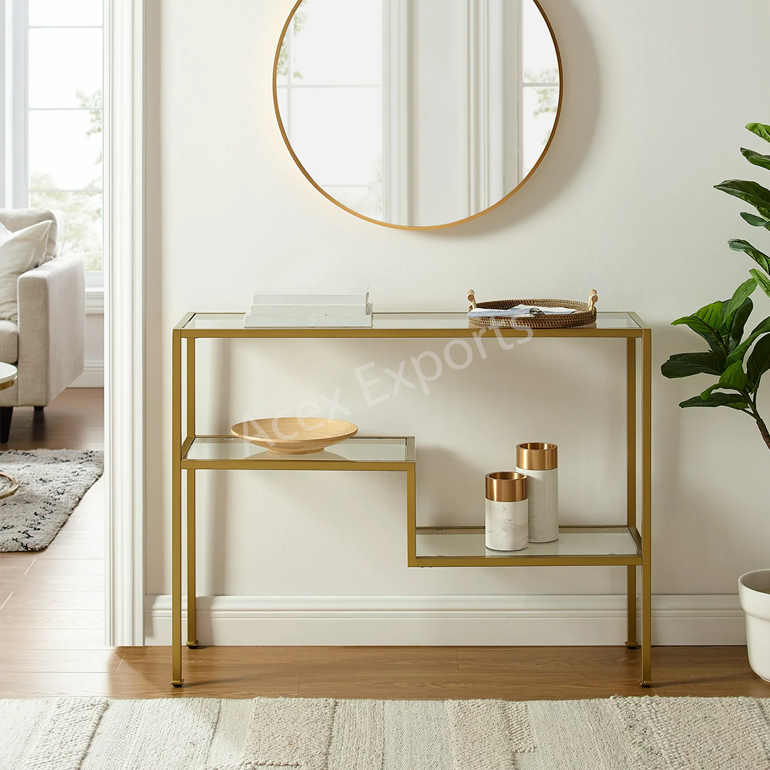 Metal Console Table with Glass Top & Gold Base