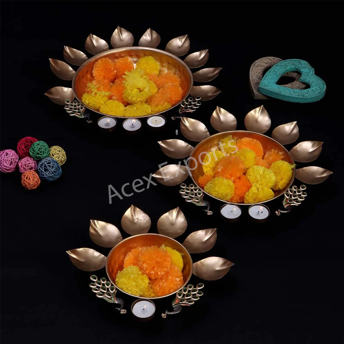 Metal Set of 3 Peacock Urli Bowl Tealight Holder