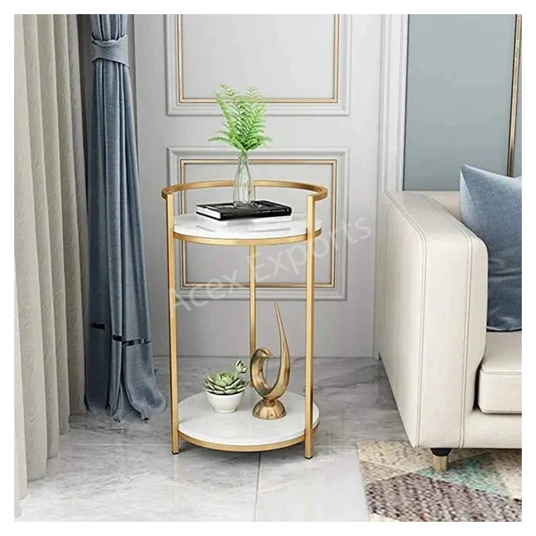Metallic Stand Two Layer Marble Side Table