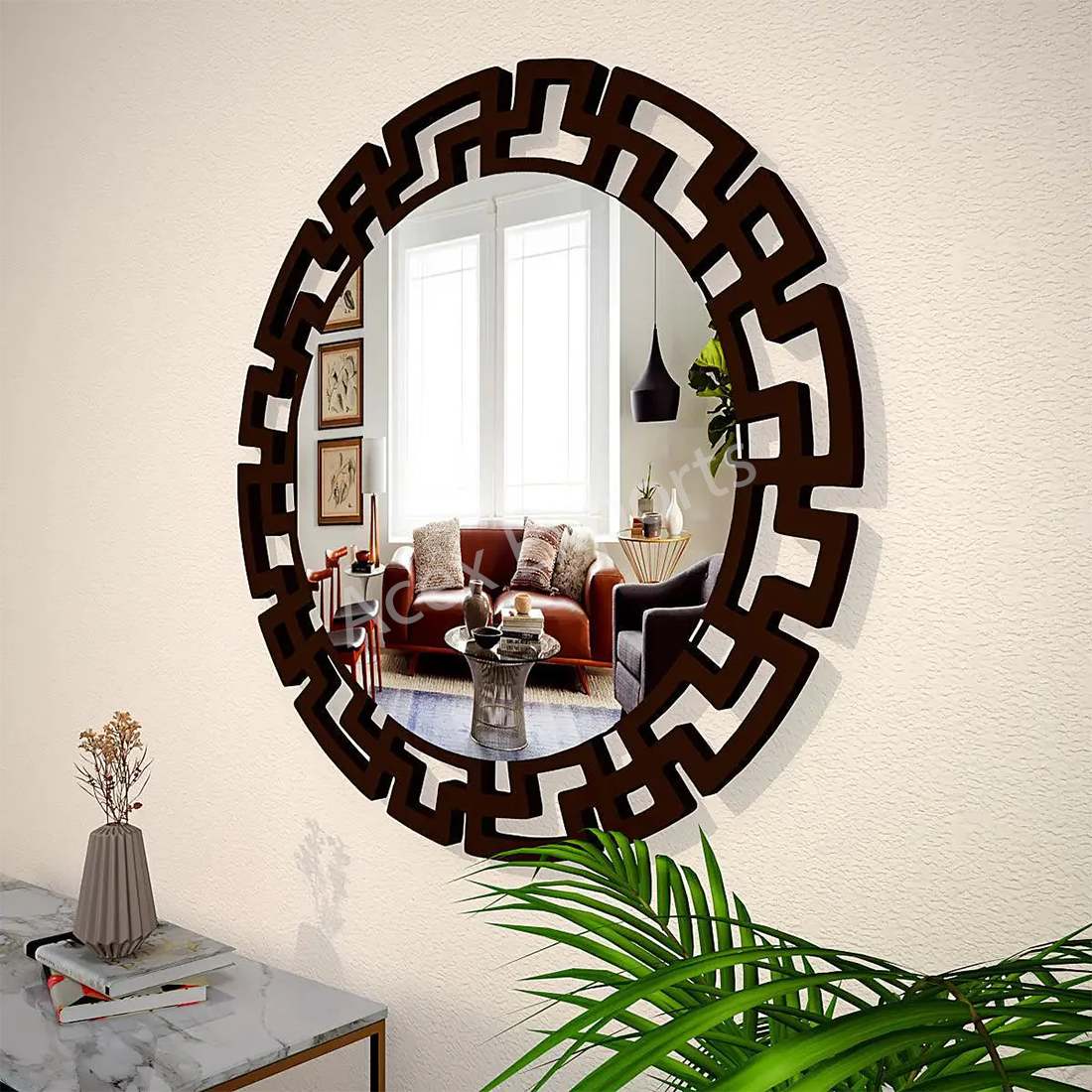 Modern Decorative Brown Round Vanity Mirror - Image 2