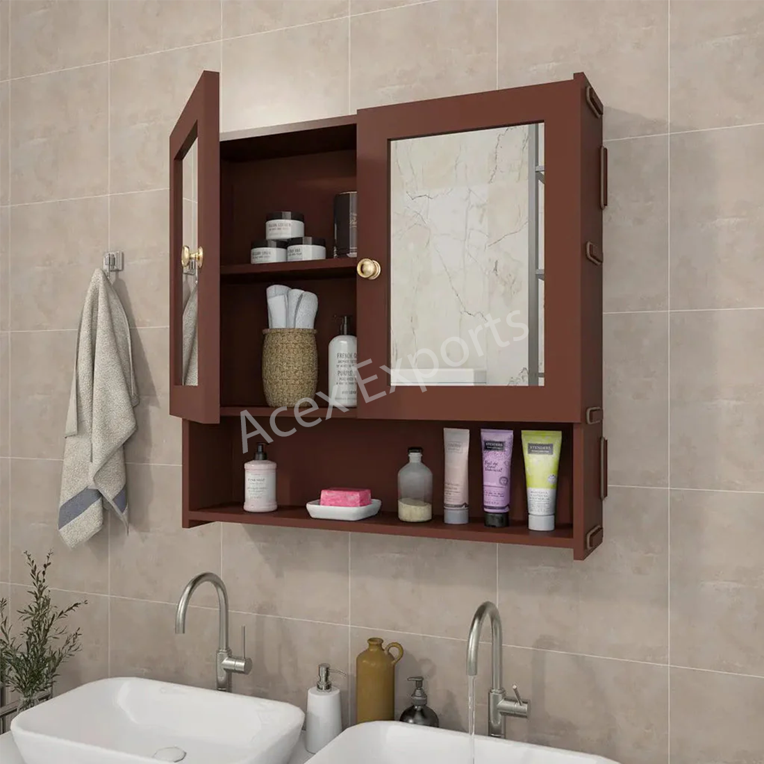 Space Saving Bathroom Mirror Cabinet with 5 Spacious Shelves- Solid Brown - Image 3