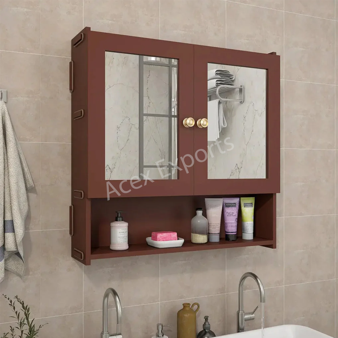 Space Saving Bathroom Mirror Cabinet with 5 Spacious Shelves- Solid Brown - Image 2