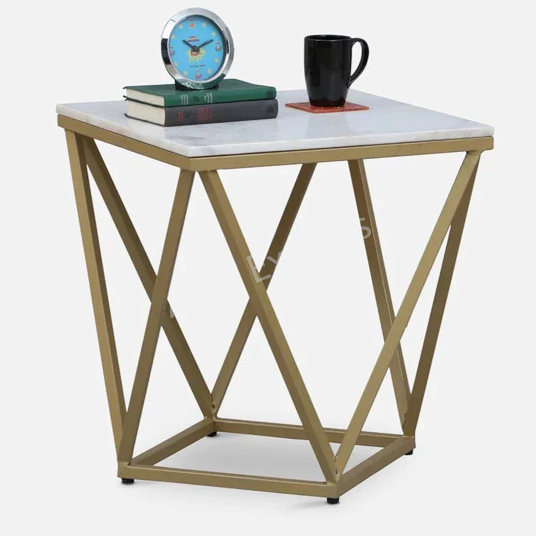 Square End Table with Marble Top in Gold Finish