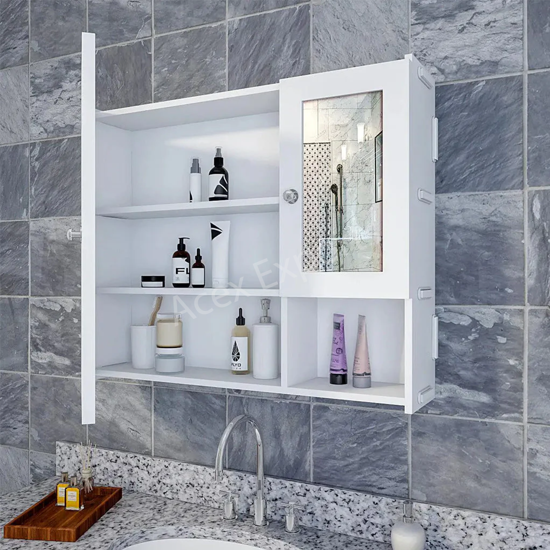 Sturdy Wooden Bathroom Storage Cabinet with Mirrors & 5 Spacious Shelves- White - Image 3