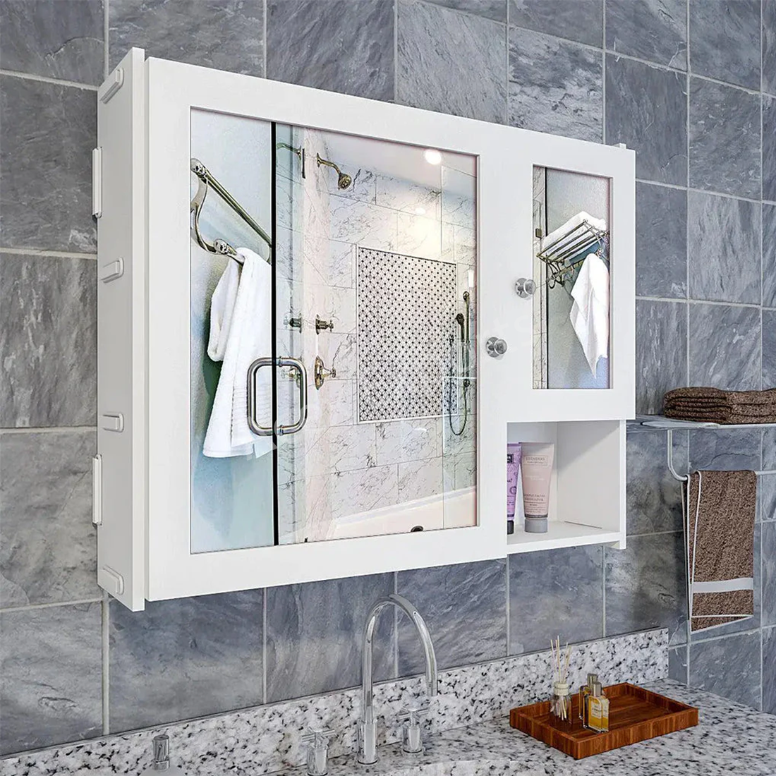 Sturdy Wooden Bathroom Storage Cabinet with Mirrors & 5 Spacious Shelves- White - Image 2