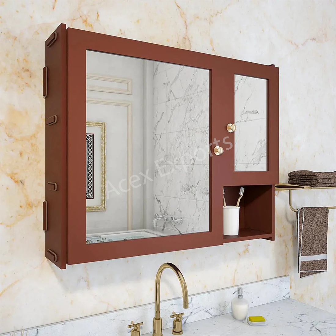 Sturdy Wooden Bathroom Storage Cabinet with Mirrors & 5 Spacious Shelves- Solid Brown - Image 2