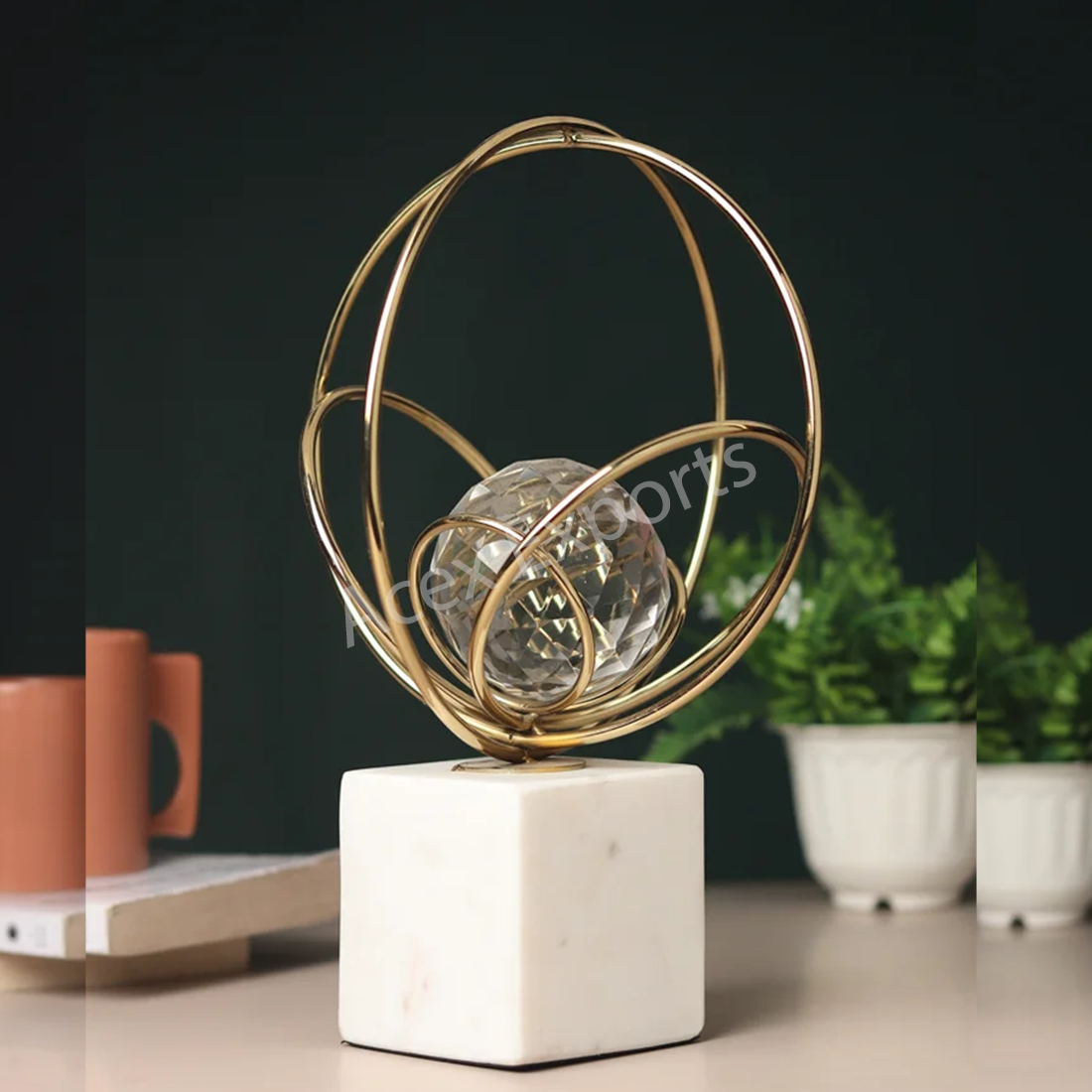 Elysian Gold Rings Crystal Ball Sculpture