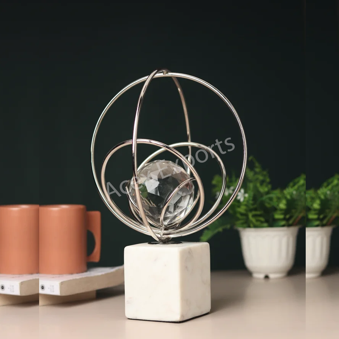Elysian Silver Ring Crystal Ball Sculpture