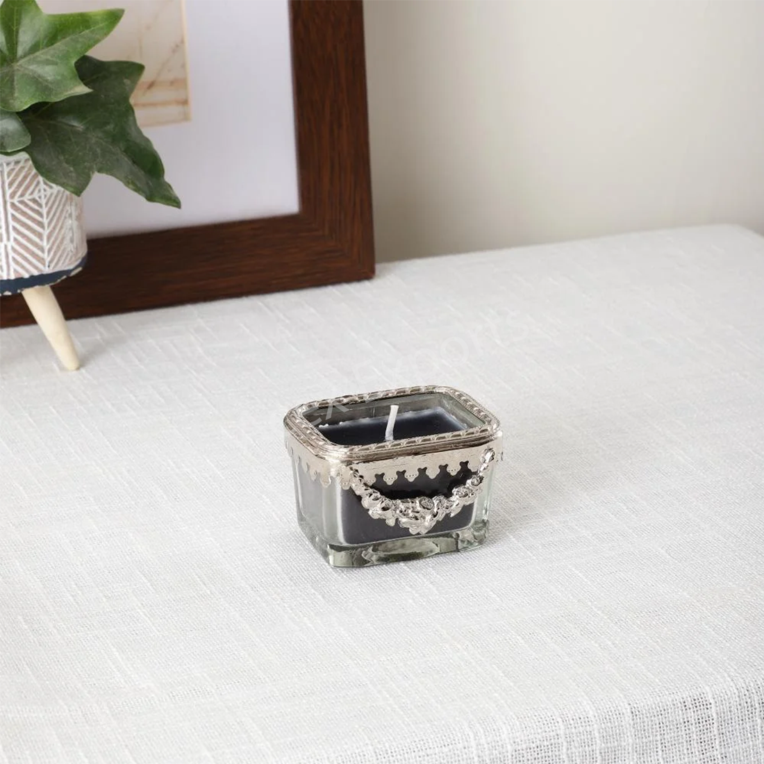 Black velvet Scented candle glass jar with Silver Ring