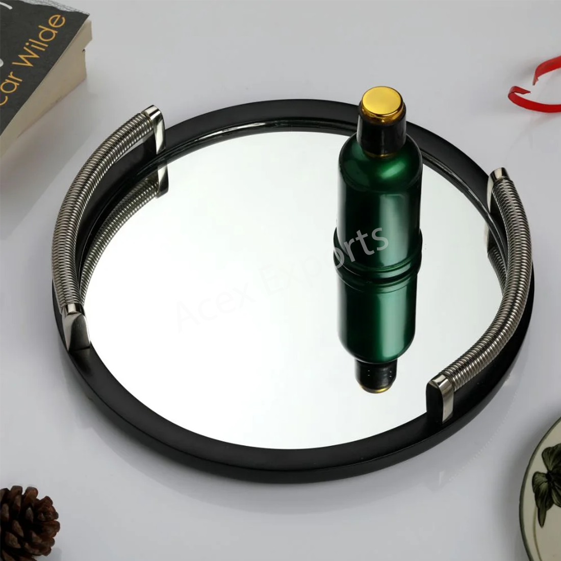 Allie Mirror Tray Black Silver Medium Size