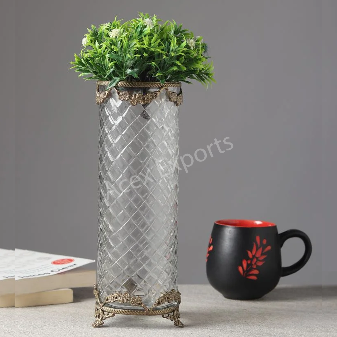 Botanic Antique Brass Trim Glass Vase