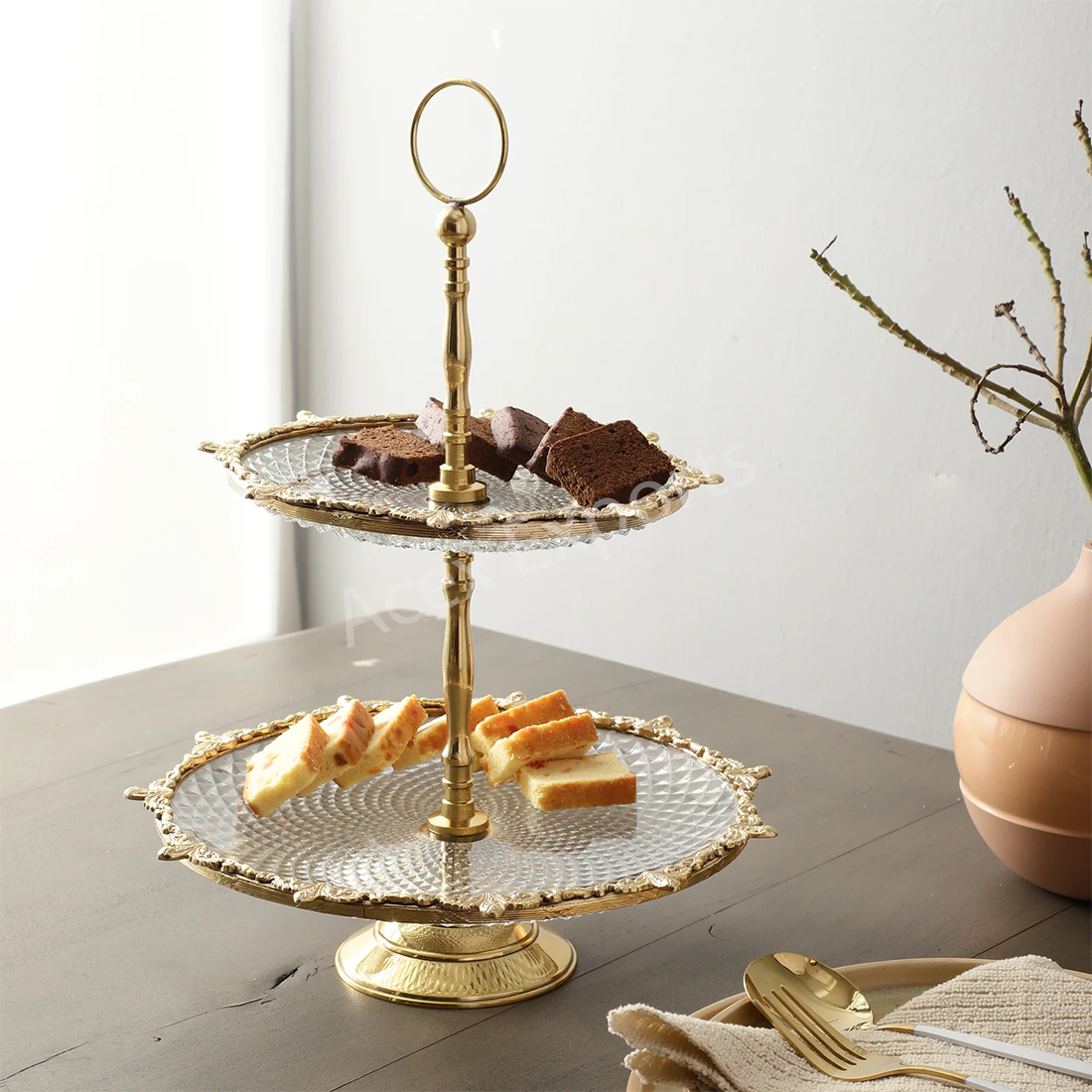 Crystal Spike Double Cake stand in Gold