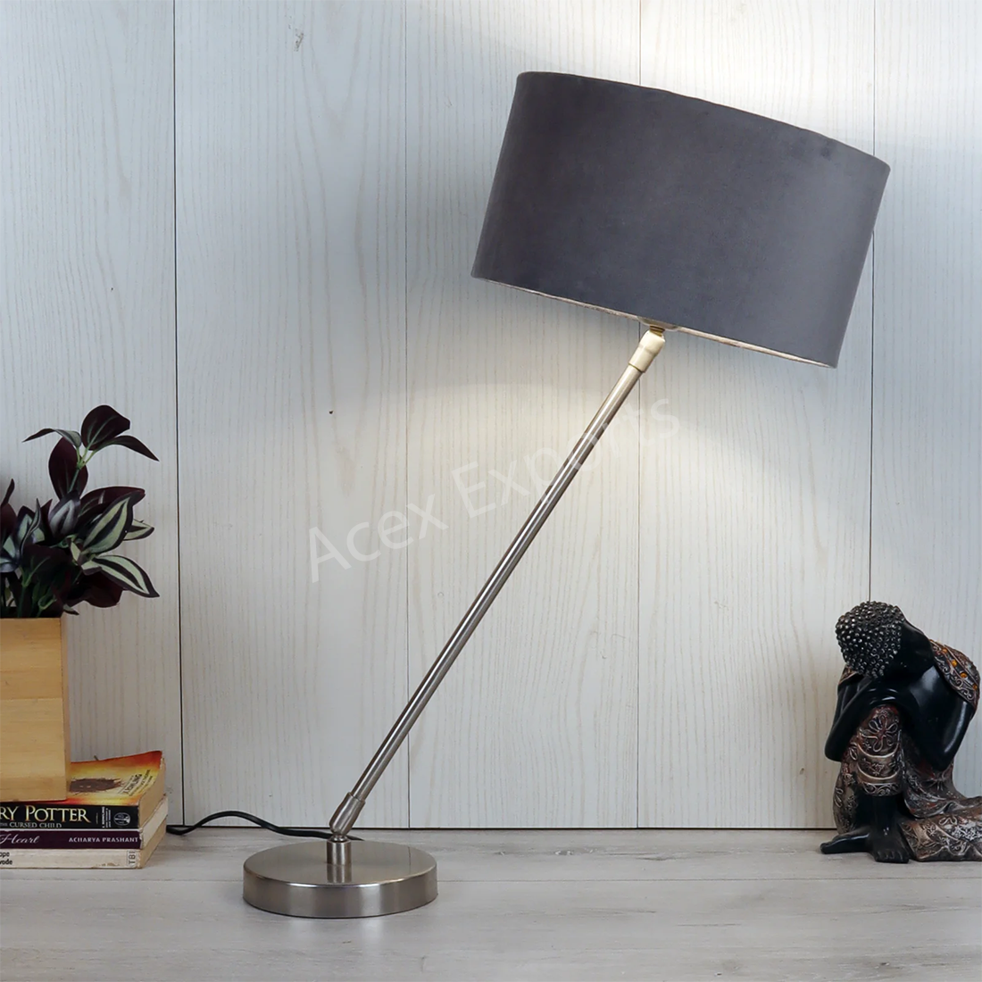 The Small Silver MJ Lamp with Grey Velvet shade