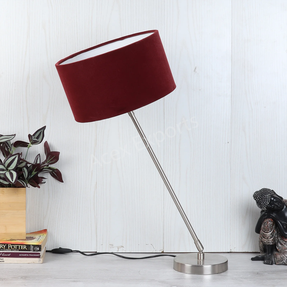 The Small Silver MJ Lamp with Red Velvet shade