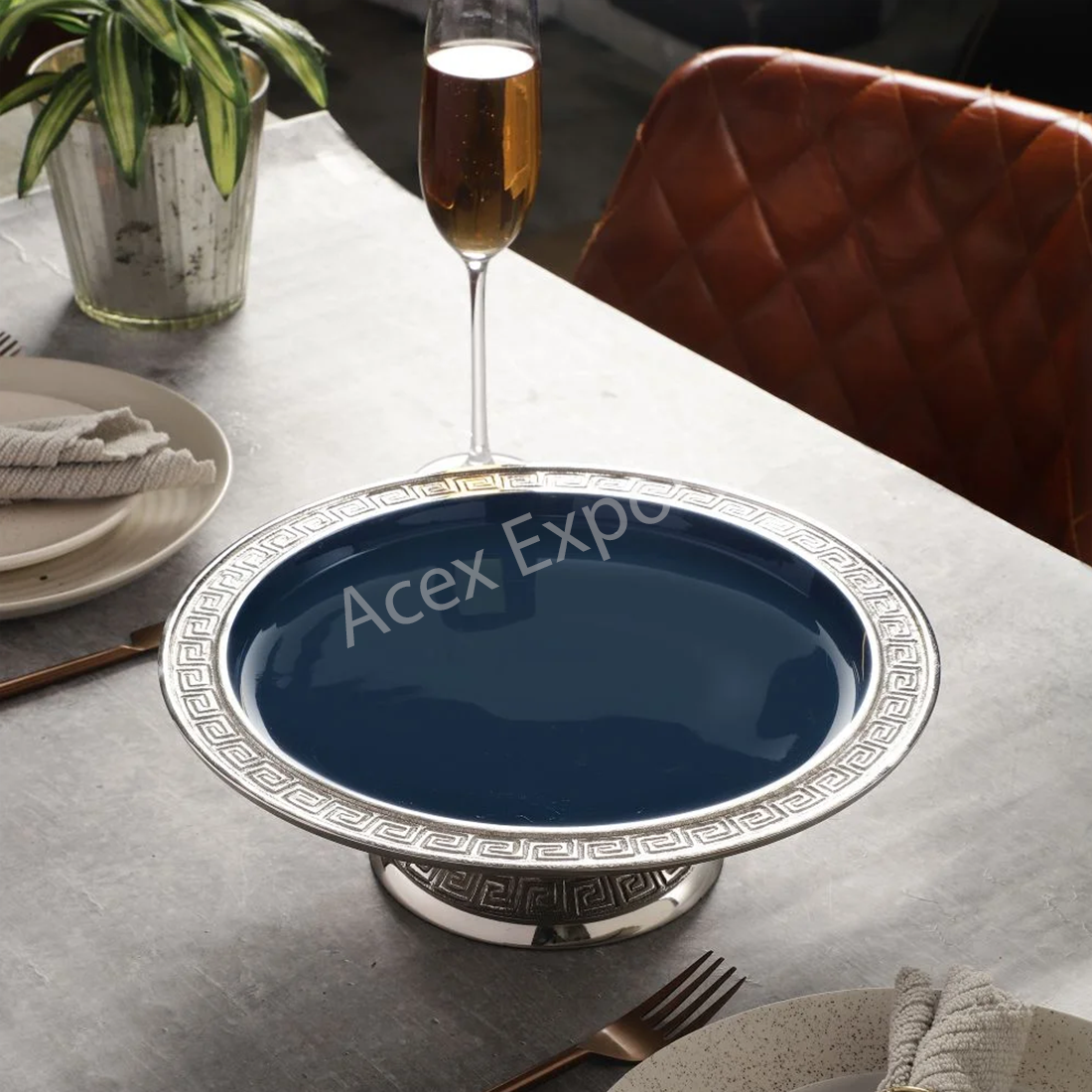 VS Design Cake Stand in Blue Enamel & Silver Finish - Image 2