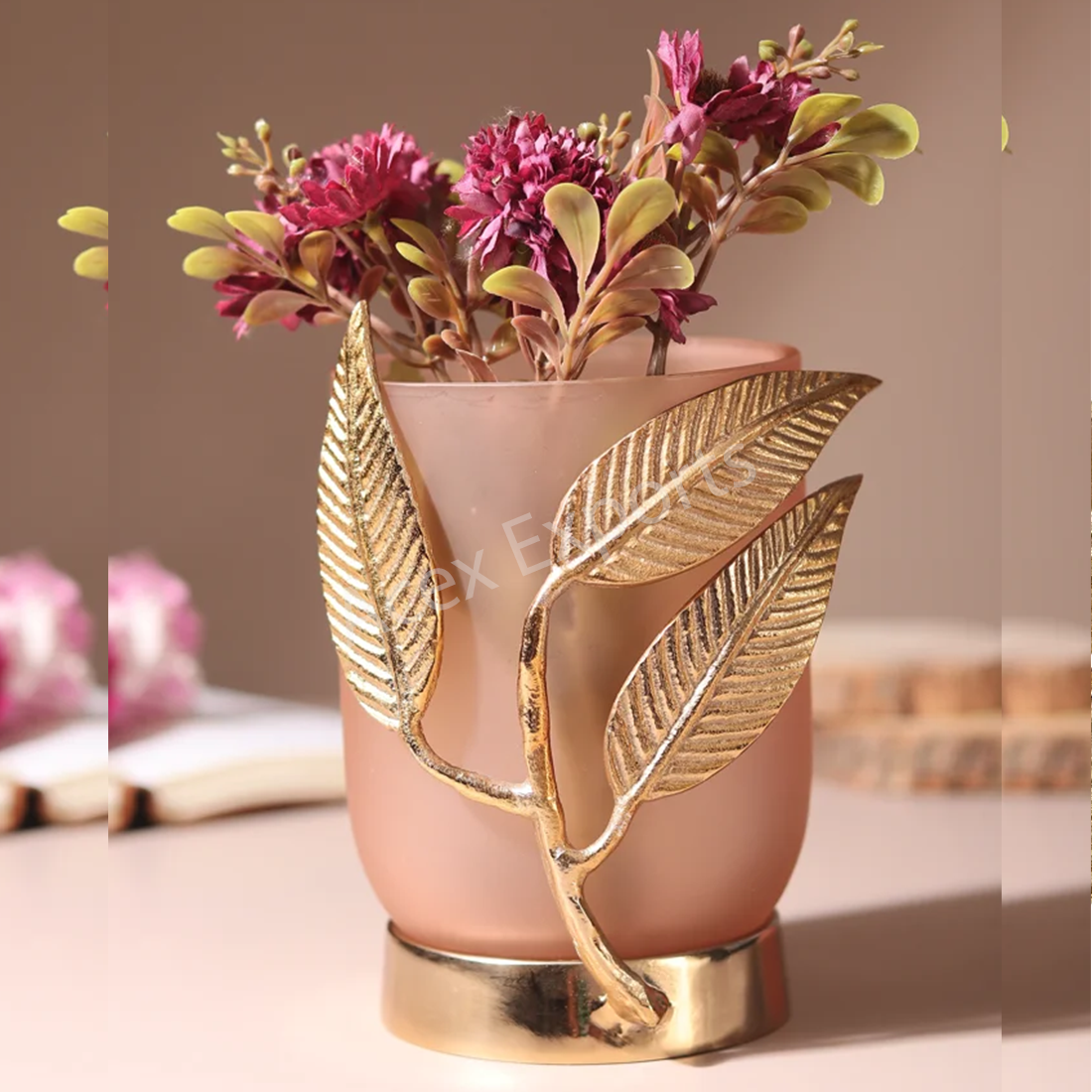 Versa Leaf Glass Vase in Peach & Gold